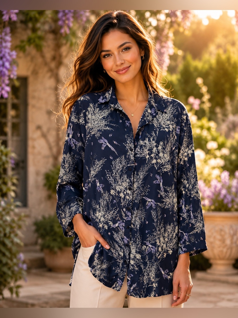 Lili & Lala Large Navy Bird Botanical Button Front Tunic Blouse